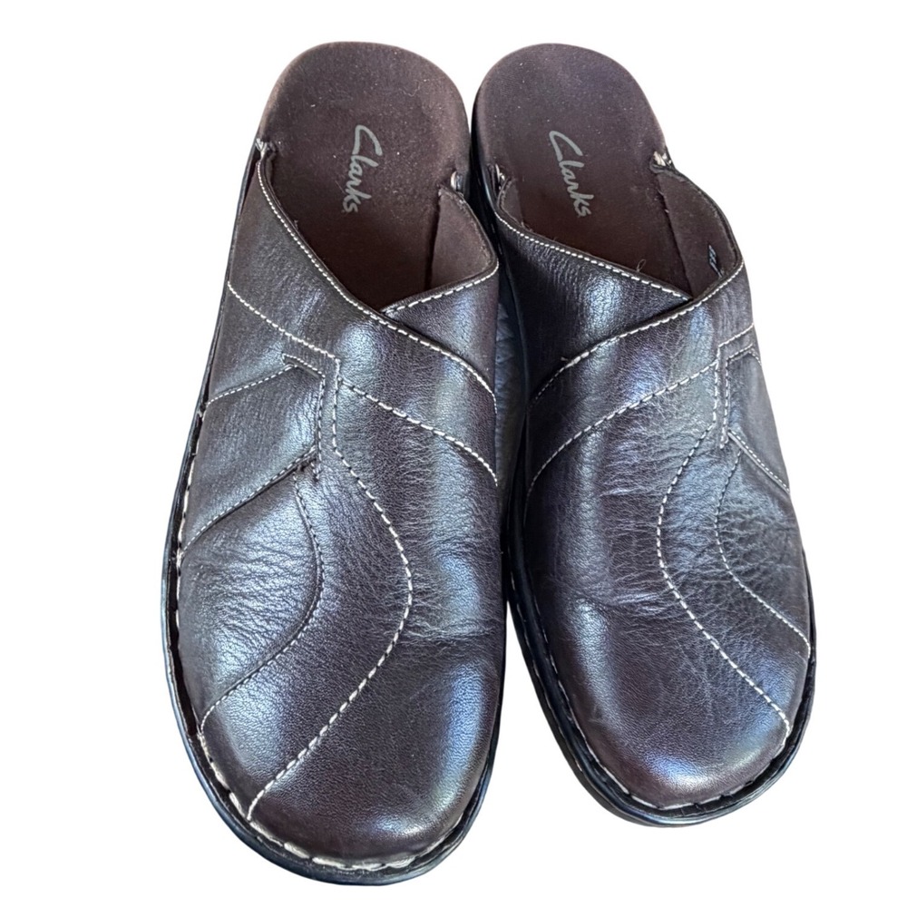 Clarks Brown Leather Clogs Mules Contrast Stitch Low Wedge Slip On Shoes 9M
